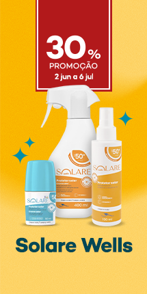 Protetores Solares da marca Solare Wells com destaque promocional 30% direto